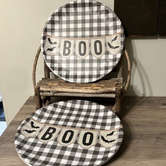 SHABBY CHIC PRE OWNED SET OF 8 BOO Black BUFFALO PLAID MELAMINE PAPER PLATES - Picture 5 of 16